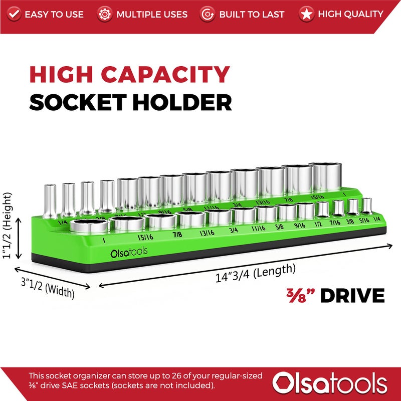 Olsa Tools Magnetic Socket Organizer | 3/8-inch Drive | SAE | Green | Holds 26 Sockets | Professional Quality Tools Organizer - Image 3